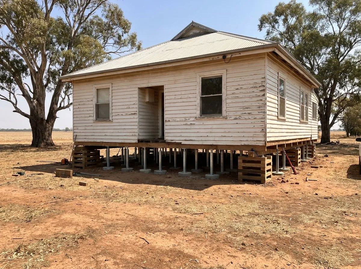 Older weatherboard house in a Murray and Mallee town raised on timber cribbing with new galvanised steel stumps under the bearers